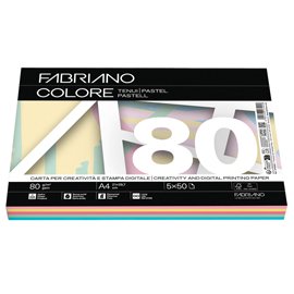Carta Fabriano Colore - A4 - 80 gr - mix 5 colori tenui - Fabriano - conf. 250 fogli