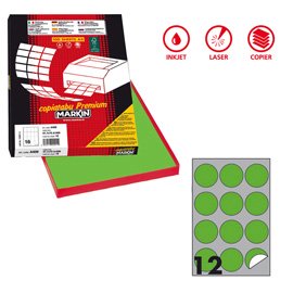 Etichette adesive R/310 - in carta - permanenti - tonde - diametro 60 mm - 12 et/fg - 100 fogli - verde fluo - Markin