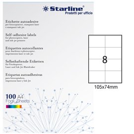 Etichette adesive - in carta - permanenti - 105 x 74 mm - 8 et/fg - 100 fogli - bianco - Starline