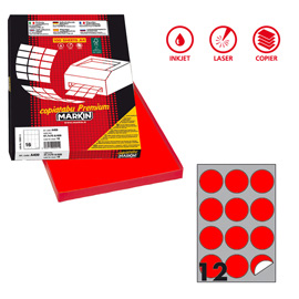 Etichette adesive R/310 - in carta - permanenti - tonde - diametro 60 mm - 12 et/fg - 100 fogli - rosso fluo - Markin