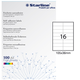 Etichette adesive - in carta - permanenti - 105 x 36 mm - 16 et/fg - 100 fogli - bianco - Starline