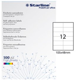 Etichette adesive - in carta - permanenti - 105 x 48 mm - 12 et/fg - 100 fogli - bianco - Starline